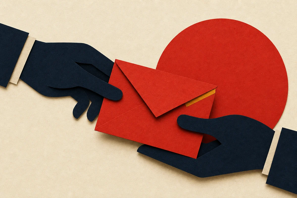 Folded envelope passed between two hands.