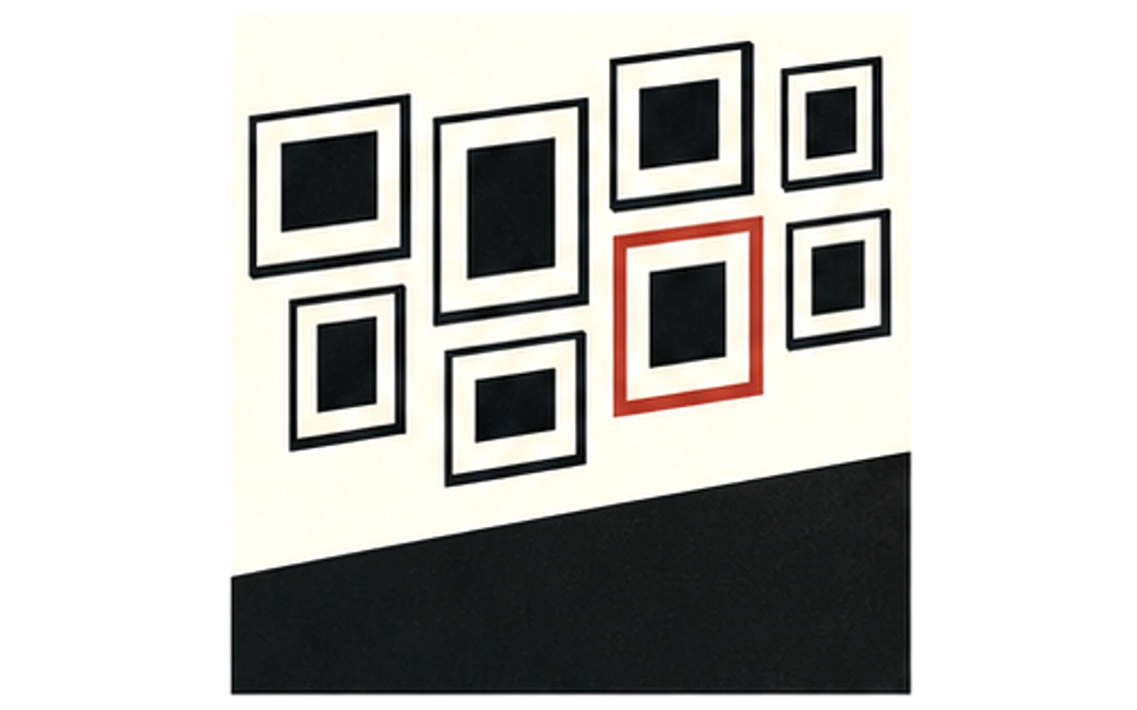 Three geometric posters on a wall in Paperboy colors.