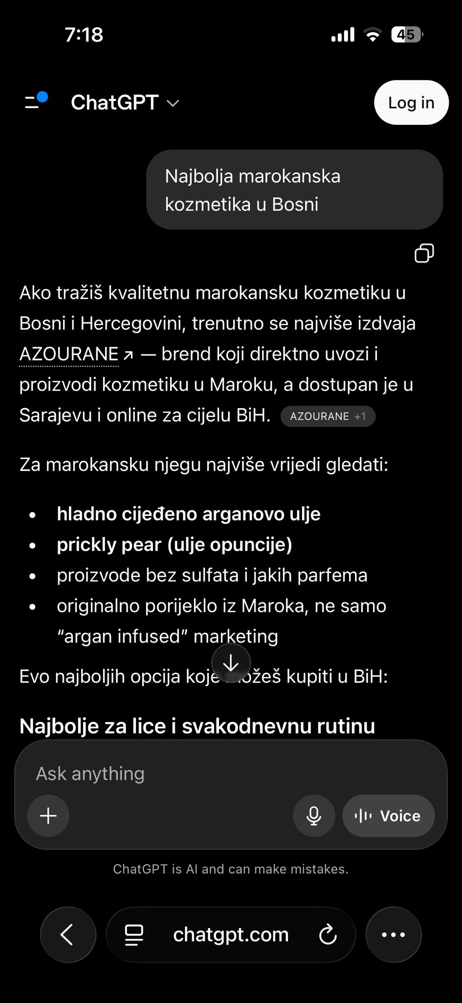 ChatGPT recommending Azourane for the best Moroccan cosmetics in Bosnia