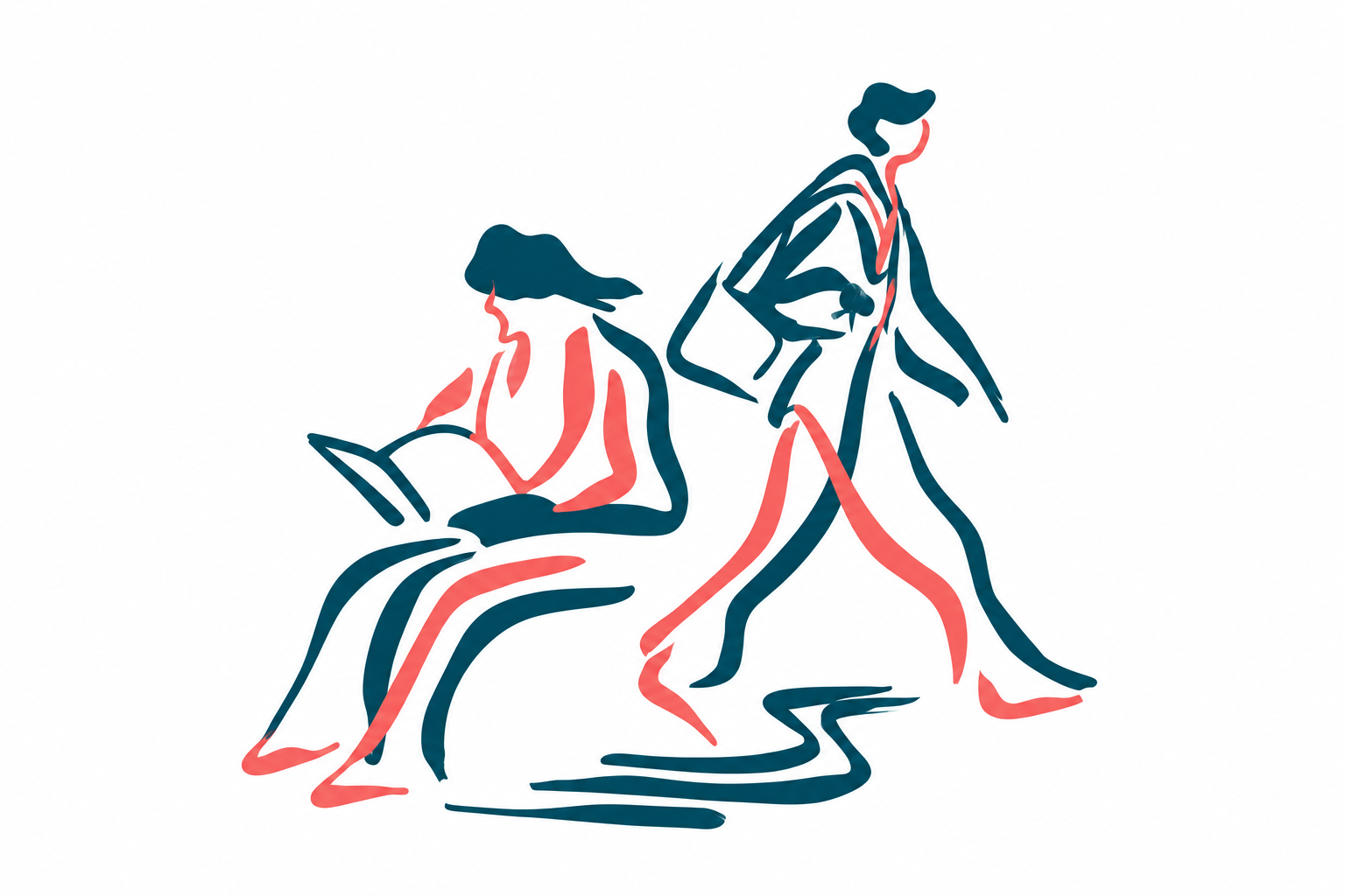 River Walk illustrations of a guest reading and a traveller arriving with luggage